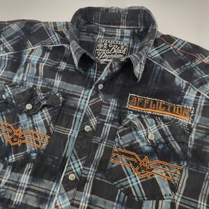 Affliction Shirt Men's XL Black Gray Flannel Pockets S/S Shirt Black Label Y2K